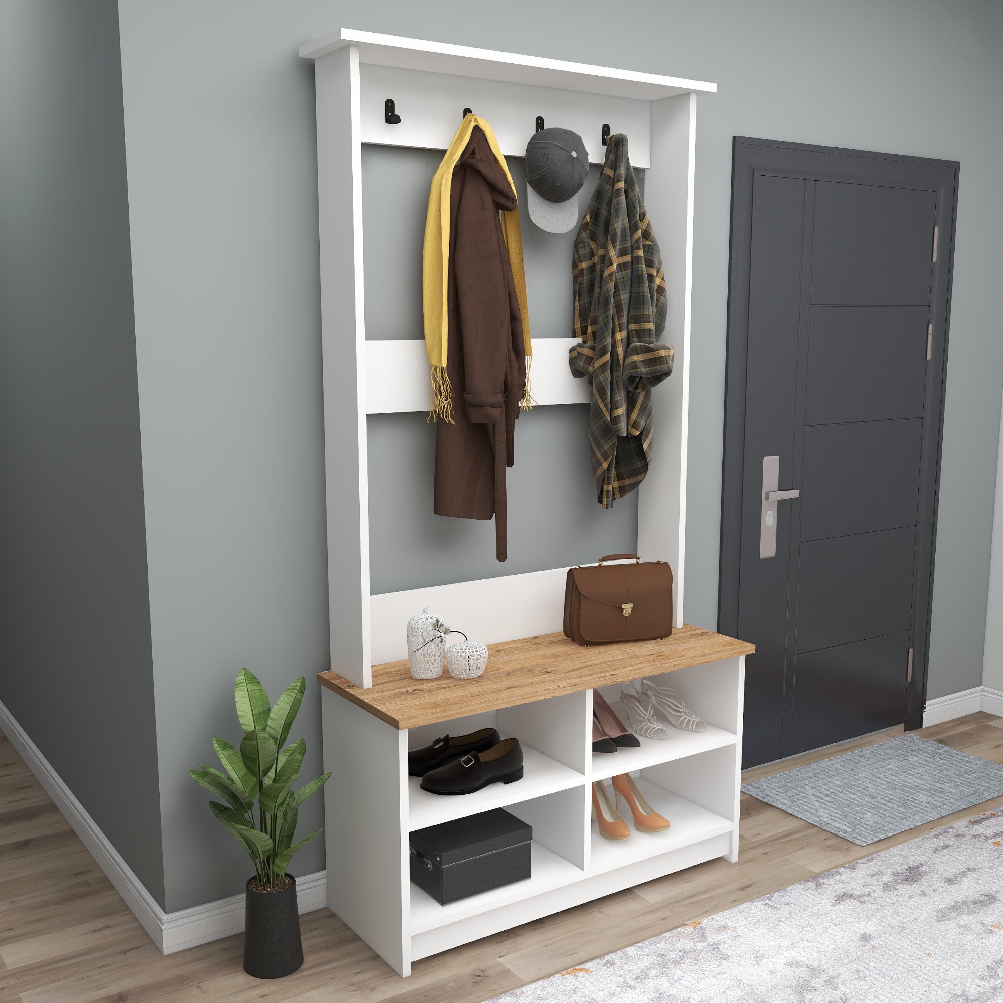 Amelia Modern Hallways Coat Rack with 4 Shelves & Metal Hooks