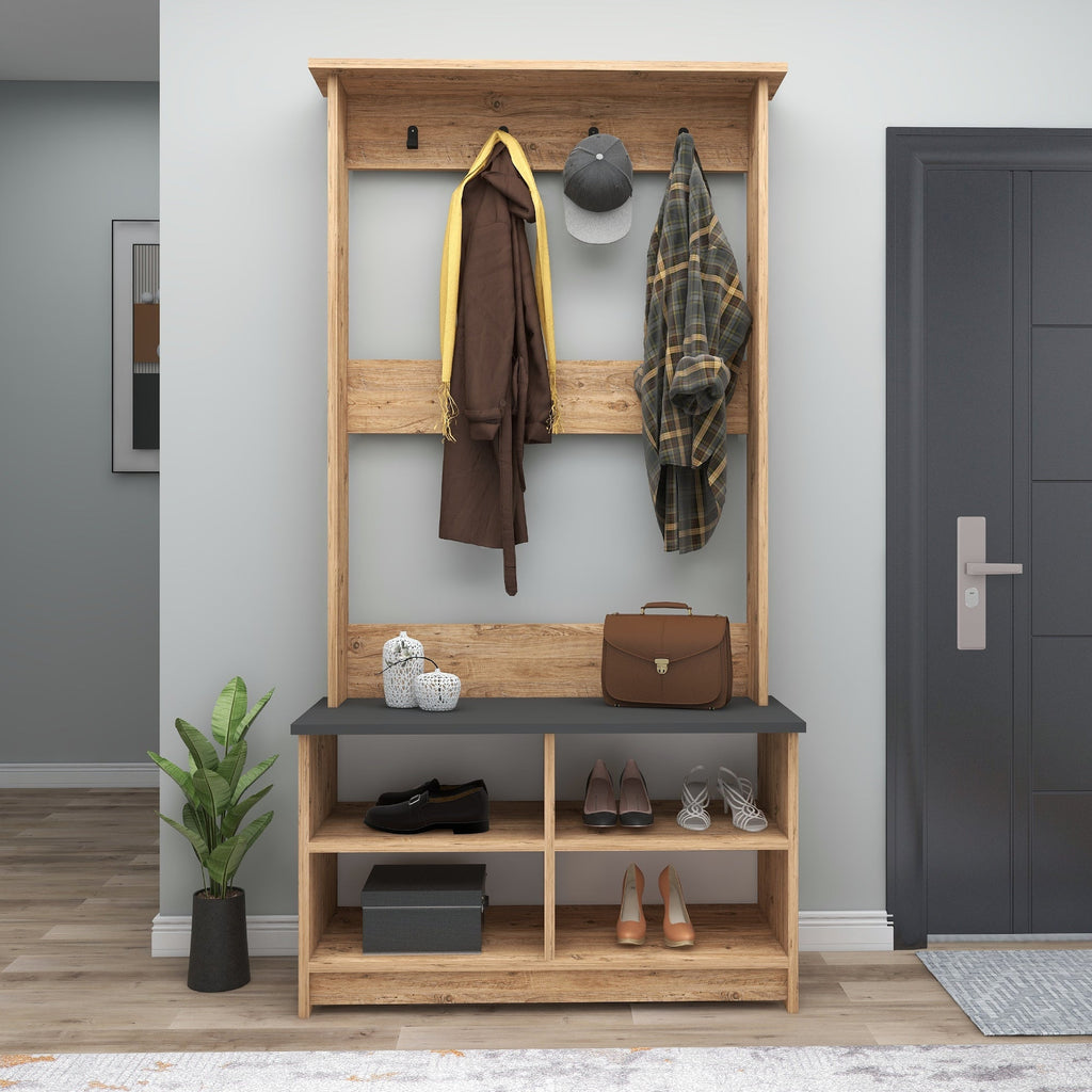 Amelia Modern Hallways Coat Rack with 4 Shelves & Metal Hooks