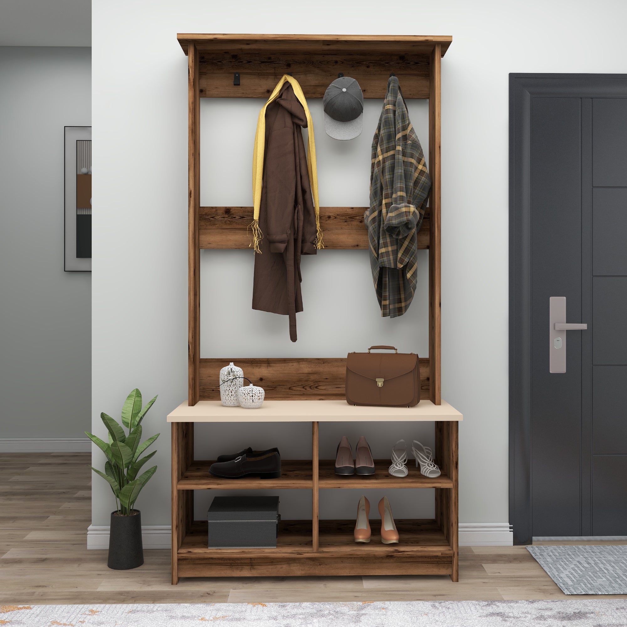 Amelia Modern Hallways Coat Rack with 4 Shelves & Metal Hooks
