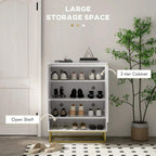 White shoe storage cabinet with open shelves and multiple tiers, chevron door front