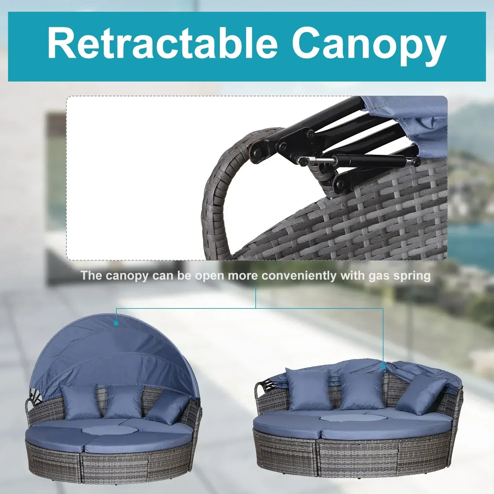 Outdoor PE Rattan Garden Furniture with Cushioned, Patio Wicker Conversation Furniture Set, Round Daybed with Retractable Canopy, Coffee Table and Three Pillows, Grey/Blue Grey - Bobobiy