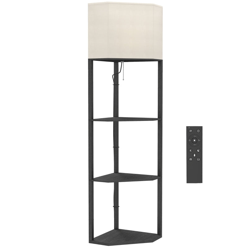Black floor lamp with fabric shade and 3-tier corner shelves