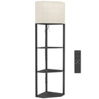 Black floor lamp with fabric shade and 3-tier corner shelves