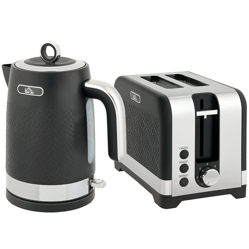 Black textured electric kettle and 2-slice toaster set with chrome accents and control knobs