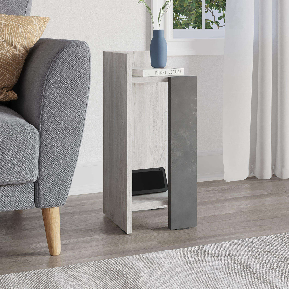 Narrow left bedside table module, pale woodgrain with dark grey side panel