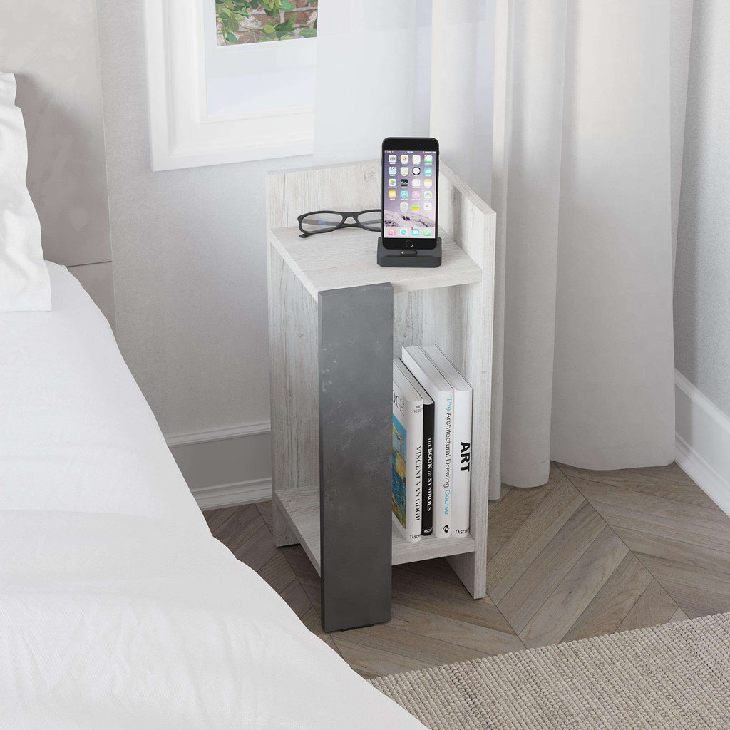 White narrow bedside table with open shelves and gray side panel, 25cm module