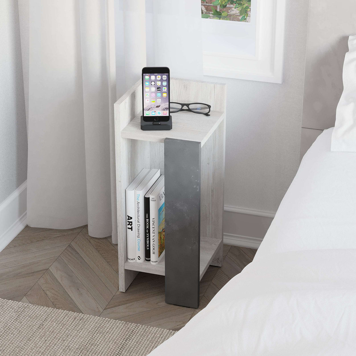 Narrow left bedside table module with open shelf and dark front panel, grey wood finish