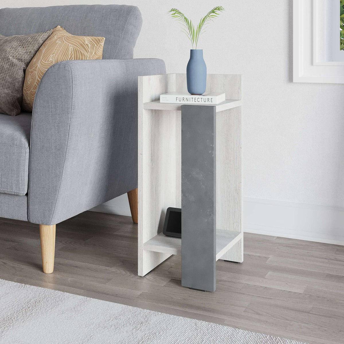 Narrow left bedside table module, white woodgrain with dark grey side panel