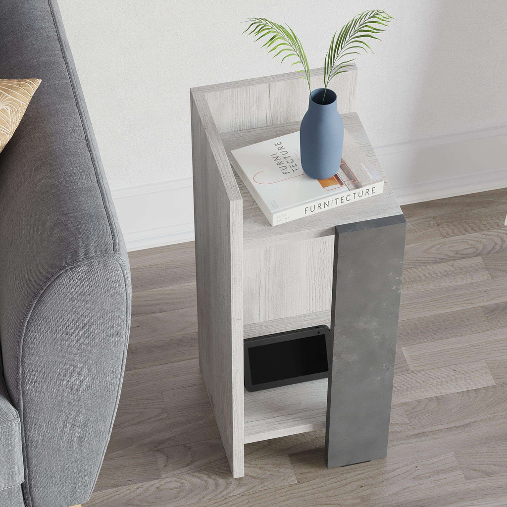 Light wood narrow bedside table module with open compartment and vase on top