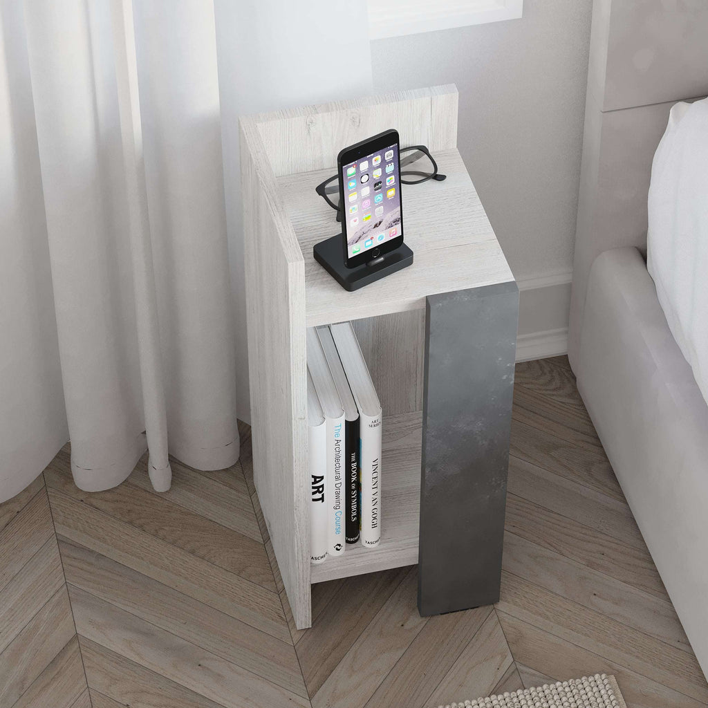 Narrow left bedside table module, white woodgrain with dark grey side panel