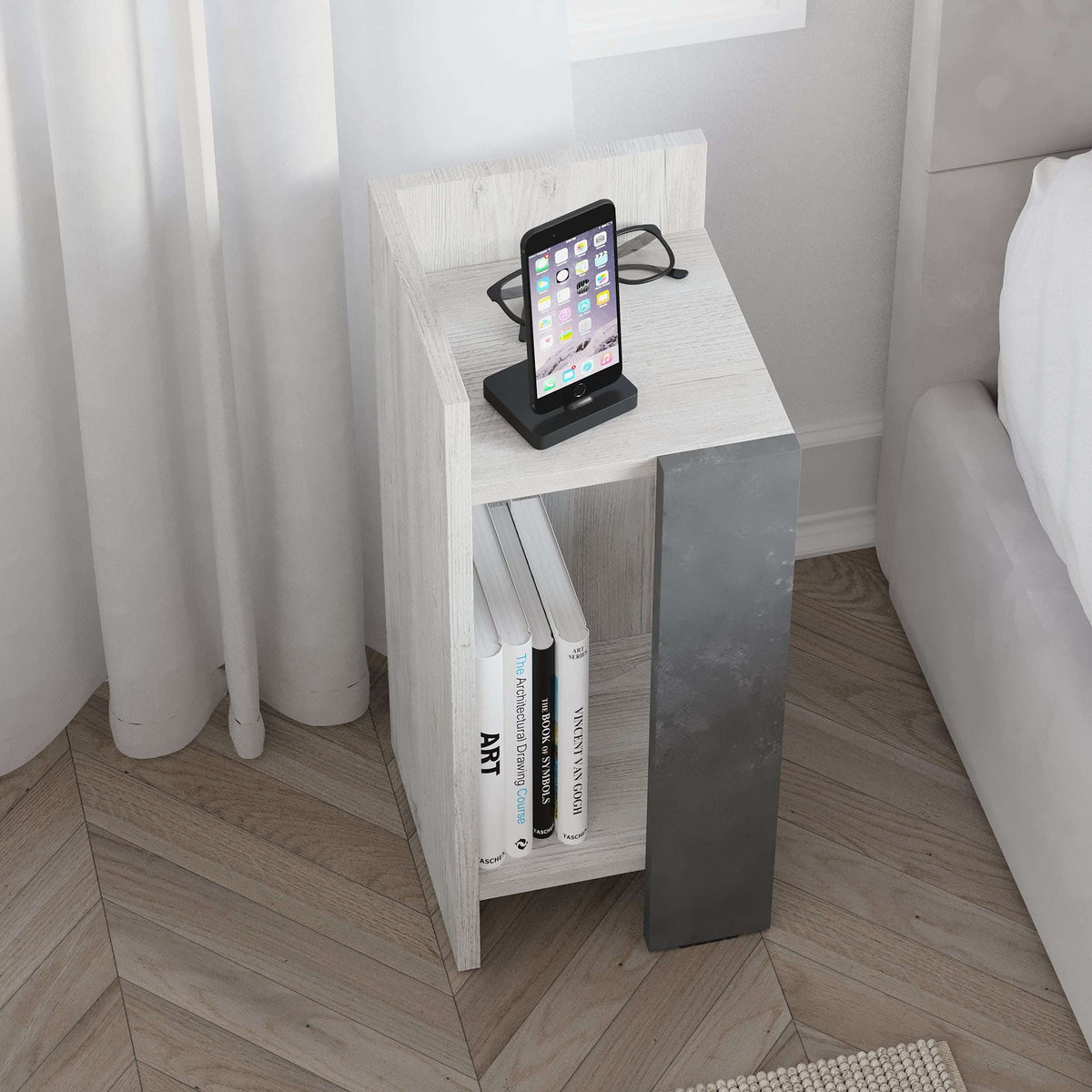 Narrow left bedside table module, white woodgrain with dark grey side panel