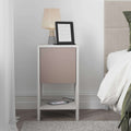 Modern bedside table with light wood legs, taupe cabinet door, and open lower shelf