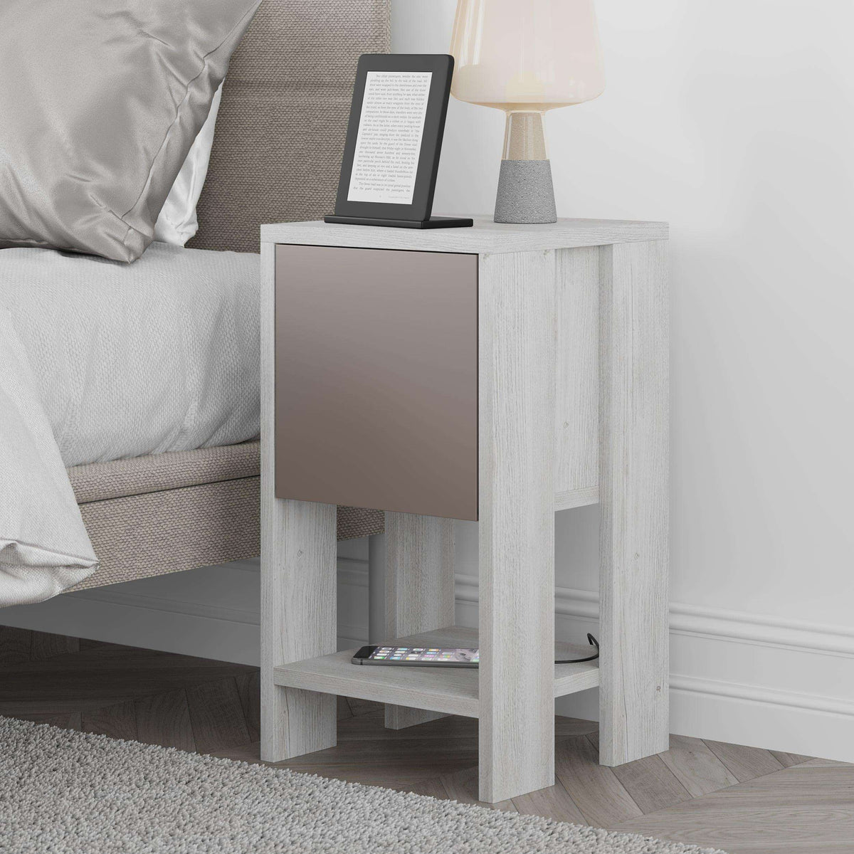Modern bedside table in light wood with taupe cabinet door and open lower shelf