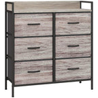 Grey wood-effect fabric drawer chest with six drawers, black handles, and steel frame