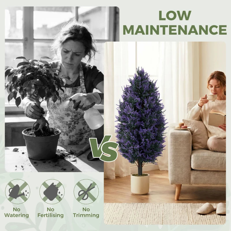 Artificial lavender plant with dense purple flowers and leaves, potted with stakes
