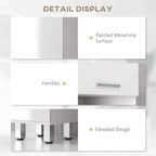 White cabinet detail: painted melamine surface, bar handle, elevated base feet