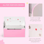 Pink kids toy box with star-decorated white interior and open hinged lid.