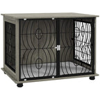 Grey dog crate end table with black wire door and lockable latch, plush cushion