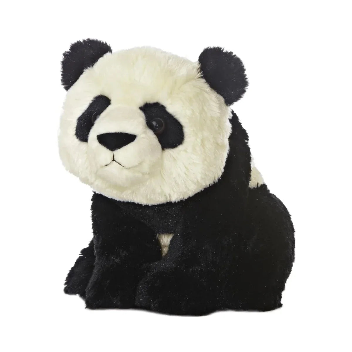 Panda plush toy with black-and-white fur, round head and stitched eyes