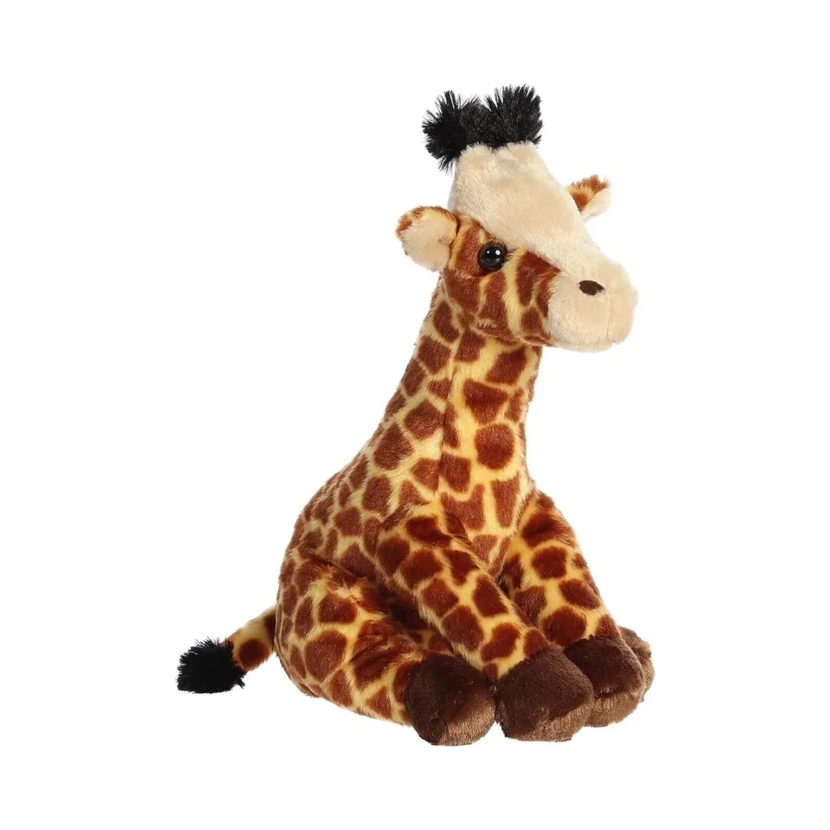 Giraffe plush toy with brown spotted fur, white muzzle, and black tufted head