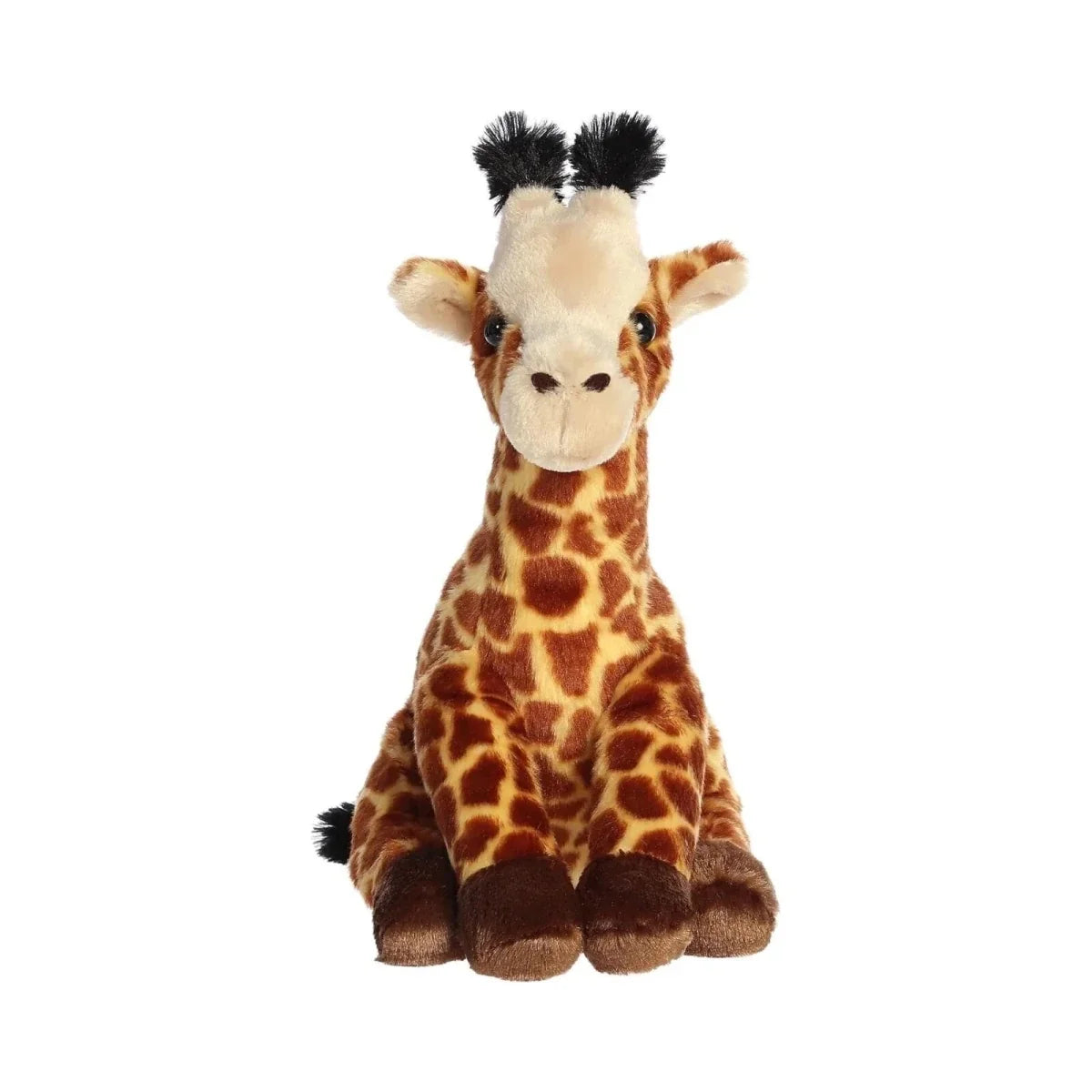Giraffe plush toy facing forward with brown giraffe spots and black mane tufts
