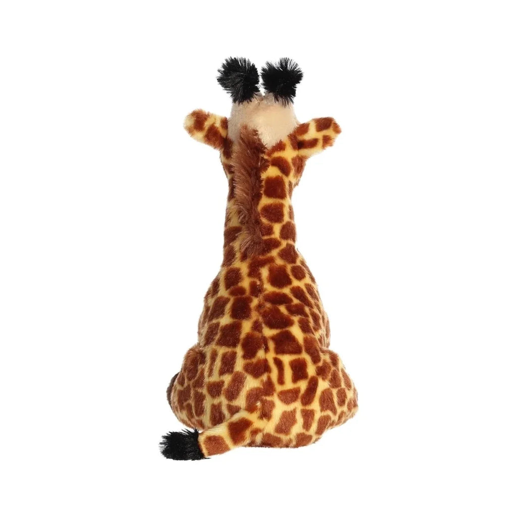 Giraffe plush toy standing upright with brown giraffe spots and black tufted ears