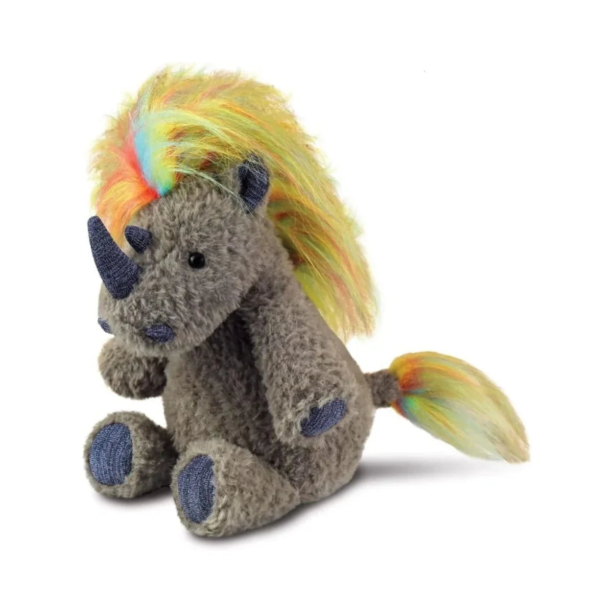 Gray plush rhino toy with rainbow mane and tail, blue horn accents, sitting pose.