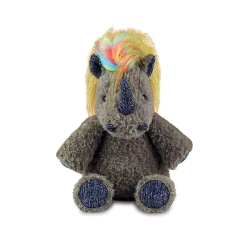Gray plush rhino toy with rainbow mane, blue snout and paw pads, sitting upright.