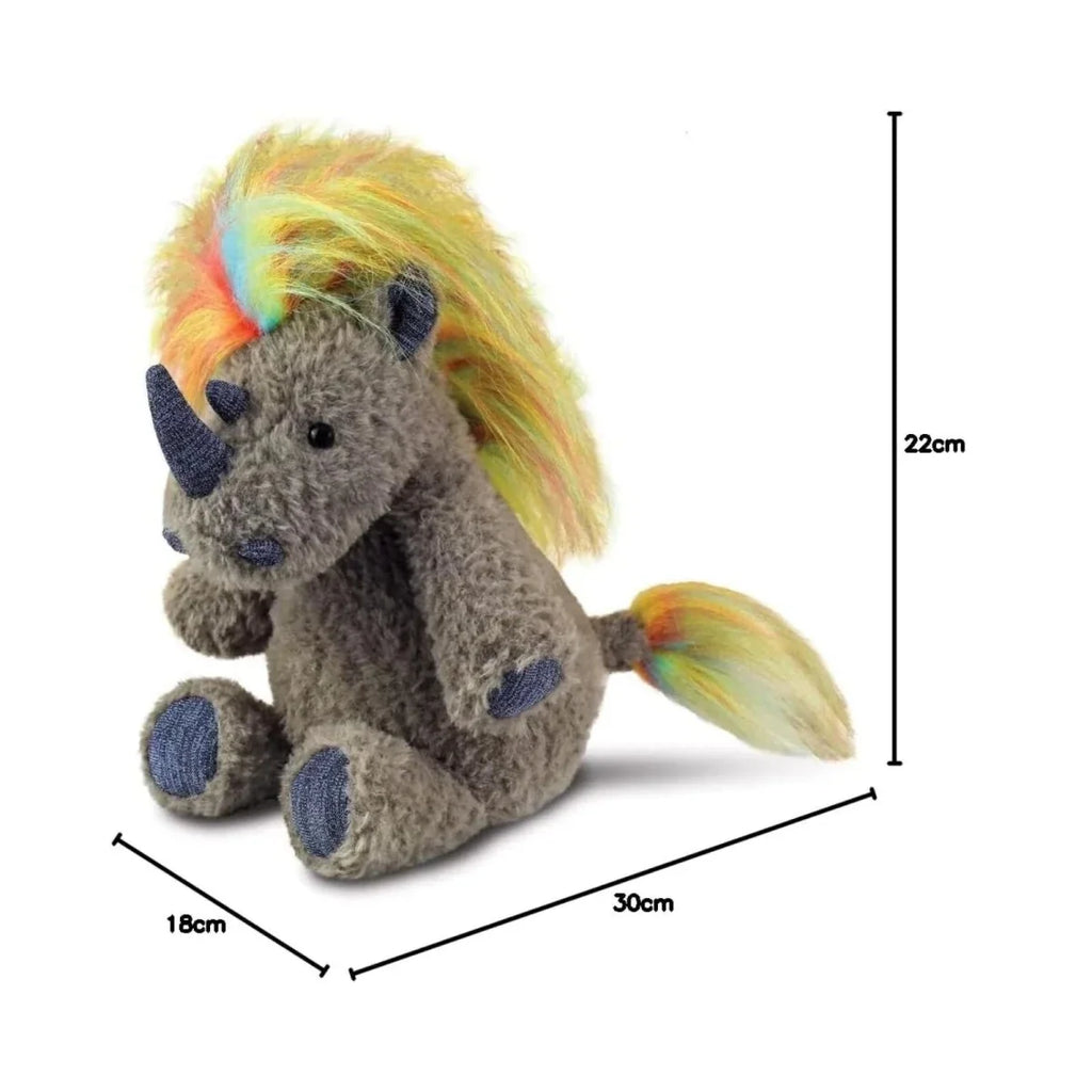 Plush rhino toy with rainbow mane; shown size 30 x 18 x 22 cm.