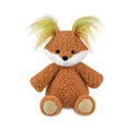 Brown fox plush toy with white muzzle, rainbow-tuft ears, and round beige feet