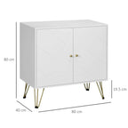 White slim sideboard cabinet with two doors, geometric panels, and brass hairpin legs