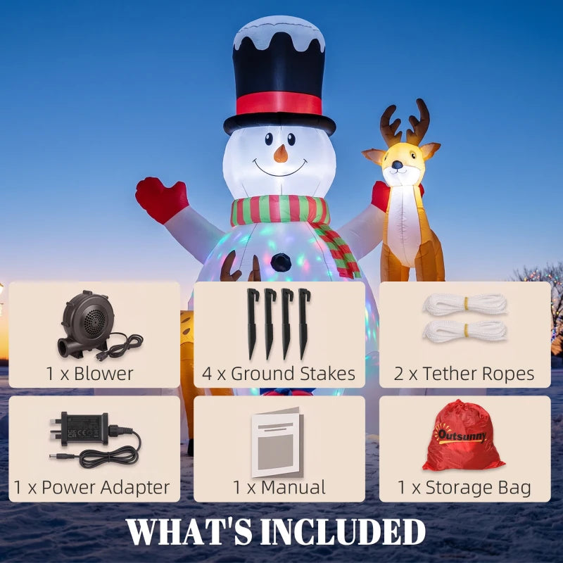 Inflatable snowman with reindeer plus included accessories panel: blower, stakes, ropes, bag