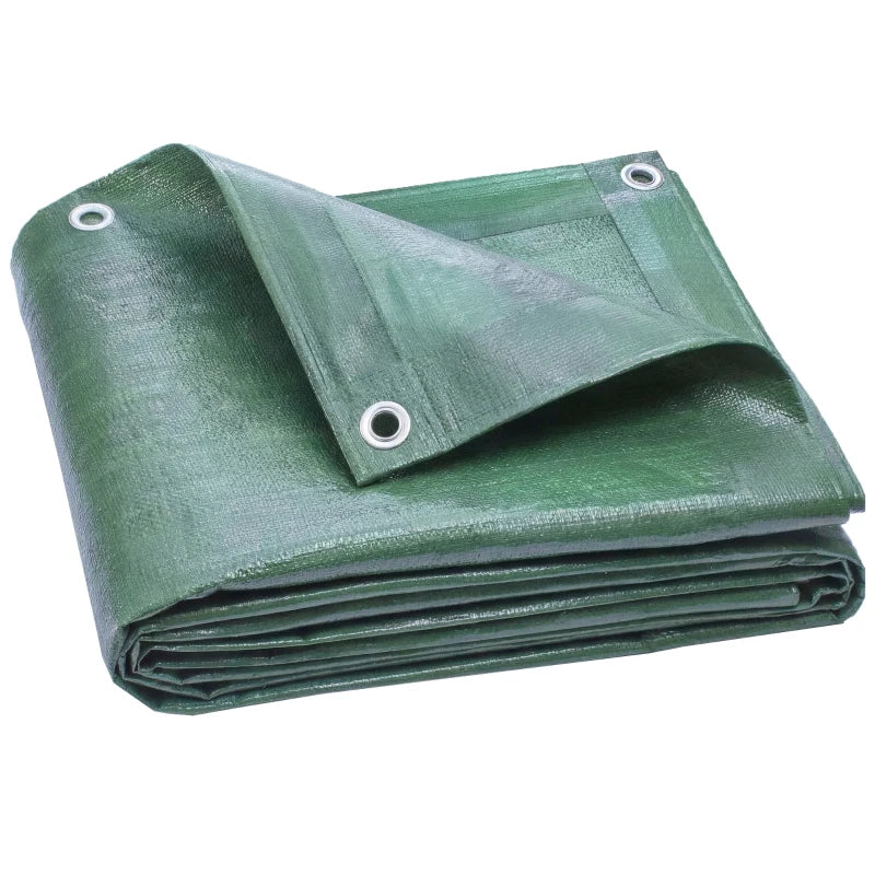 Green waterproof tarpaulin sheet with reinforced grommets, folded, 3 x 4m