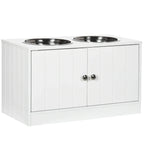 White raised pet feeder cabinet with two stainless steel bowls and front storage doors