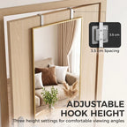 Wall mirror with gold-tone frame and adjustable hook height settings.