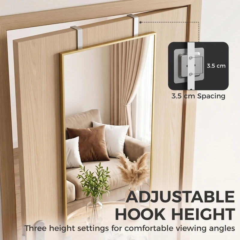 Wall mirror with gold-tone frame and adjustable hook height settings.