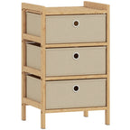 Cream white narrow dresser with bamboo frame, three fabric drawers and round pull handles