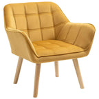 Yellow upholstered accent armchair with wide arms, slanted back, and wooden legs