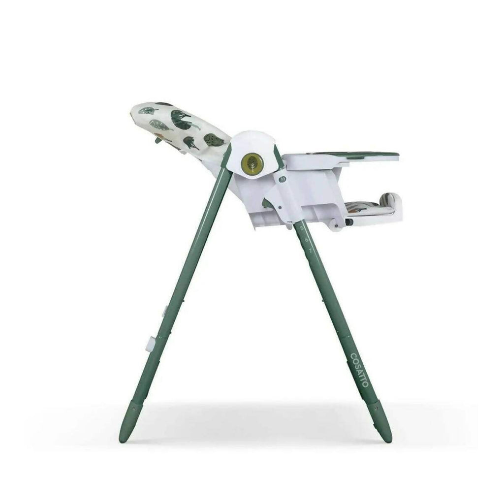 Baby highchair angled side view with patterned upholstery and white tray, green frame