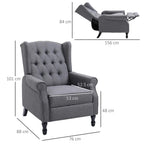 Light gray reclining wingback chair with tufted back and footrest