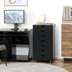 Black seven-drawer filing cabinet with casters and curved drawer pulls