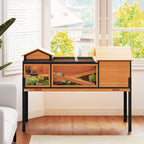 Two-level tortoise house with stand, clear side windows, ramps, yellow wood