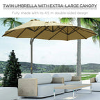 Khaki rectangular patio parasol with extra-large open double-sided canopy