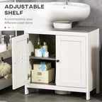 White under-sink cabinet with adjustable shelf inside and double-door storage.