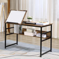 Adjustable drafting table with tilted writing surface, rustic brown top, and open storage