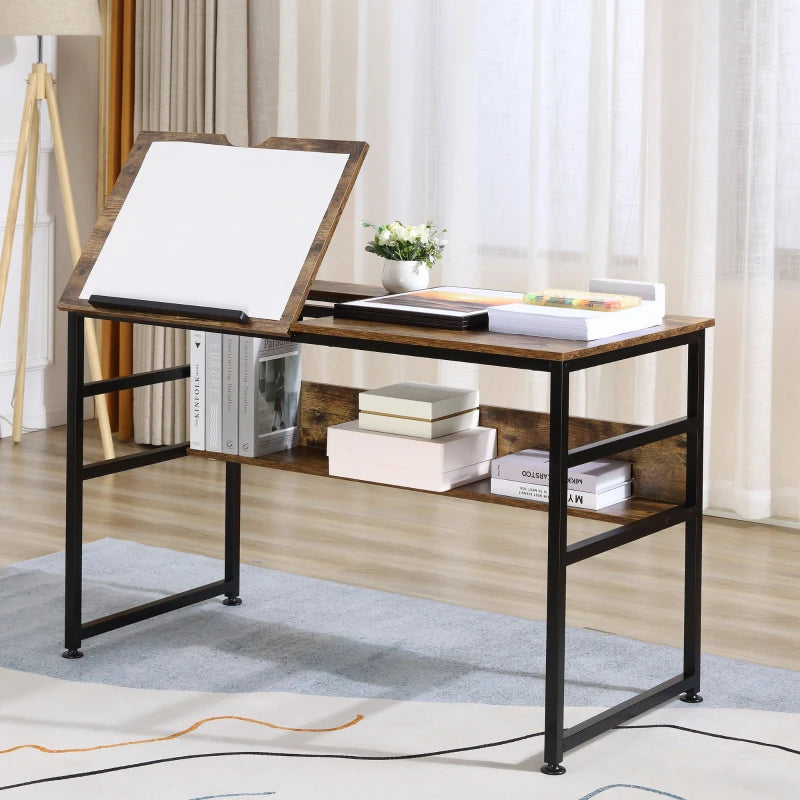 Adjustable drafting table with tilted writing surface, rustic brown top, and open storage