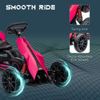 Pink kids pedal go-kart with EVA wheels, spring shock suspension, and swing axle