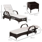 Brown rattan sun lounger with adjustable backrest, white cushion, and wheel frame