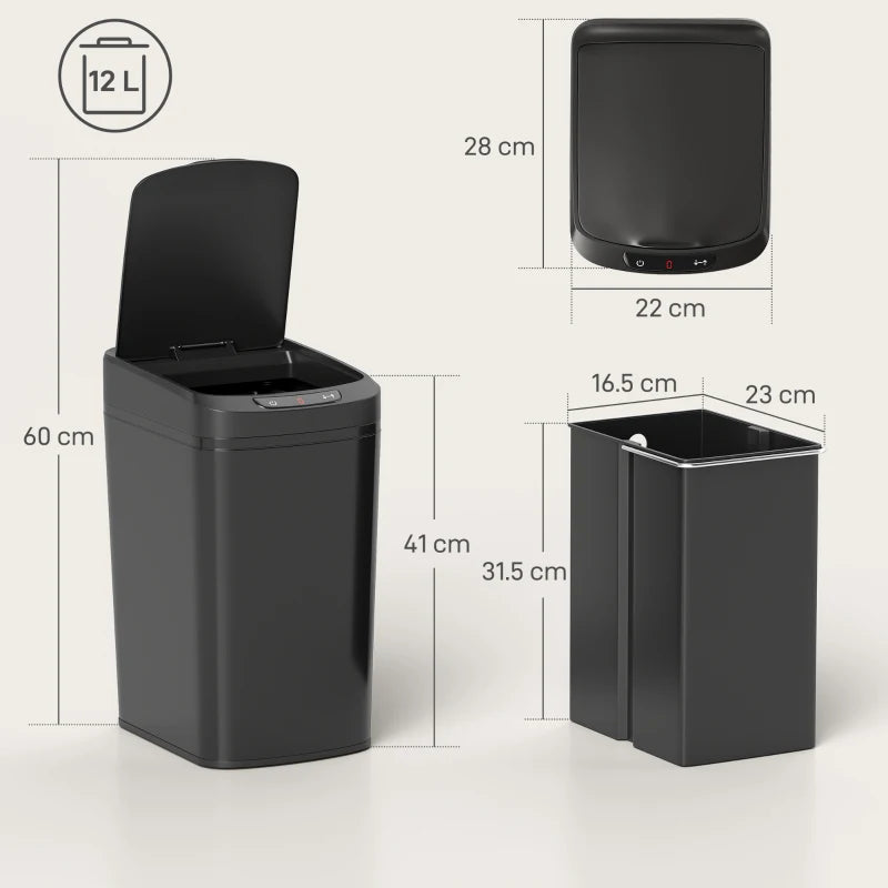Black 12L sensor trash bin shown from multiple angles with open lid