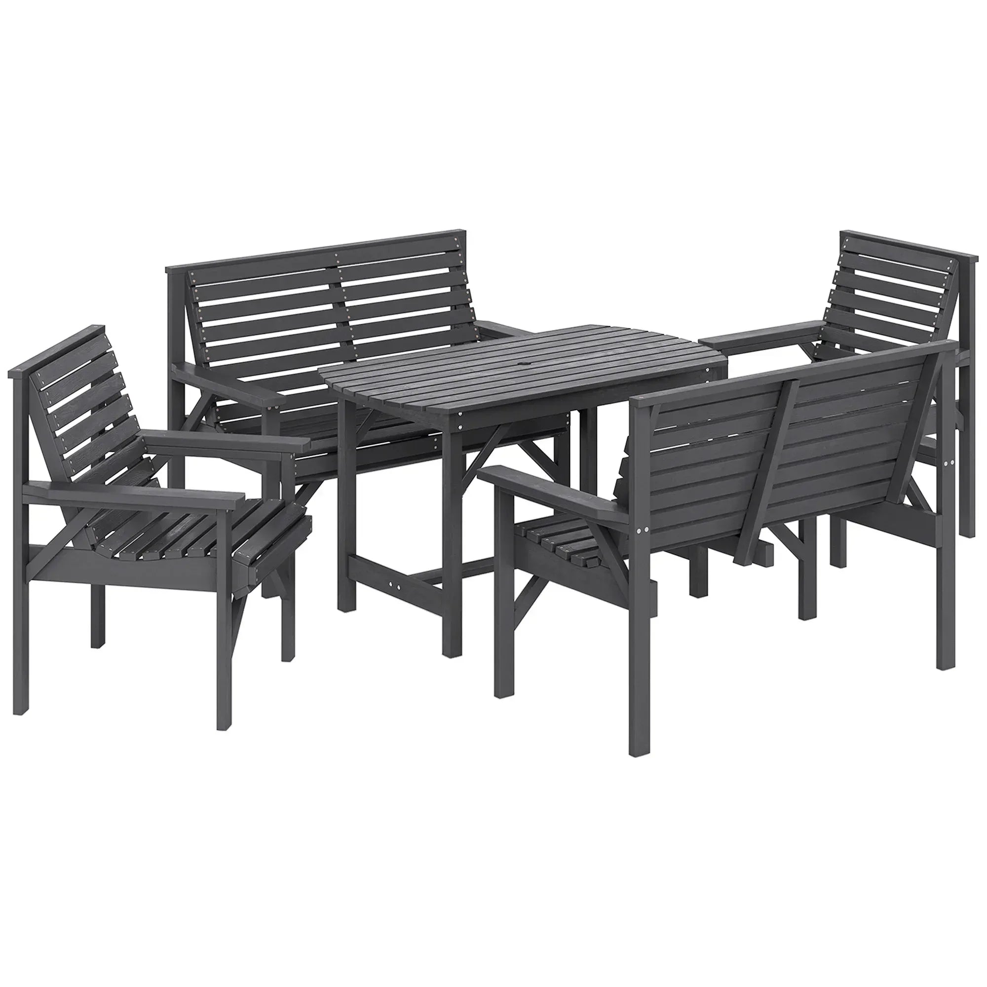 5 Piece Wooden Garden Dining Set for 6, Outdoor Conversation Set with 2 Armchairs, 2 Loveseats and Dining Table with Umbrella Hole for Patio, Balcony, Grey - Bobobiy
